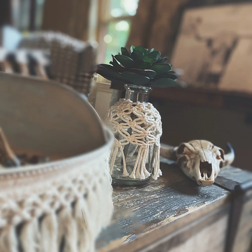 Artisan Macramé Wrapped Glass Bottle | Faux Echeveria Succulent | Boho Decor HP🌵